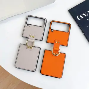 Leather Phone Case with Ring Holder for Samsung Galaxy Z Flip 7 fe 6 5 4 Flip7 Flip6 5G Anti-Fall Matte Cover Non-Fingerprint
