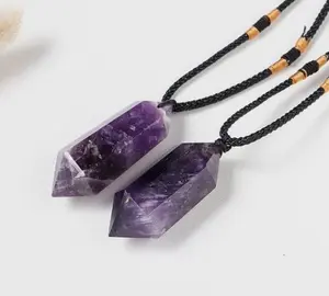 Natural Chevron Amethyst Stone Purple Gemstone Pendant Necklace Gift for Men Women