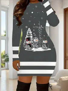 Women's Christmas Snowman Print Dress, Casual Striped Colorblock Fitted Dress, Long Sleeve Short Dress for All Seasons