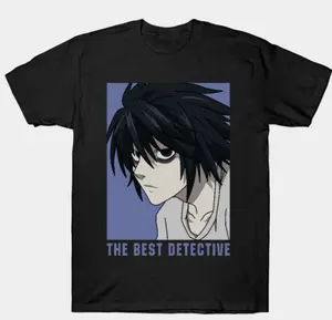 casual black "Death Note L - The Best Detective" Anime American Retro 100% Cotton Short-Sleeved Crew Neck Unisex T-Shirt, Manga Character Graphic, Vintage Anime Style, Casual Streetwear for Otaku & Mystery Fans Apparel Class t-shirt ic Menswear Top