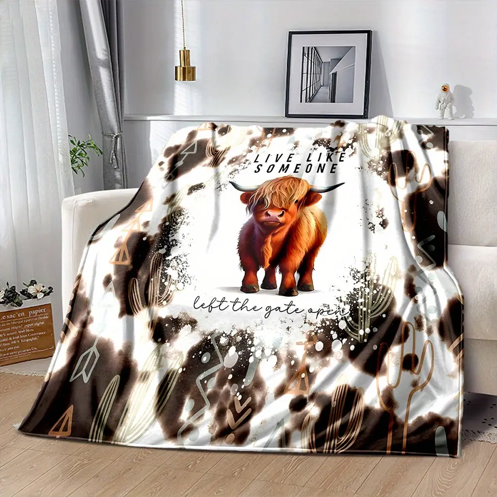 200-250g Highland Cow Print Flannel Blanket - Soft Polyester Fiber, Non-Woven, Country Style, Comfortable for All Seasons, Motivational Phrase 'Live as if Someone Forgot to Close the Door',comfortable home decor,cute highland cow