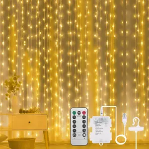 Fairy Curtain Lights,300 LED Warm White Window Curtain String Light,8 Modes 9.8×9.8Ft Waterproof Curtain String Light USB&Battery Powered with Remote Contro,String Lights for Indoor,Outdoor