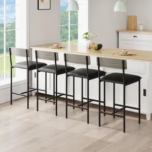 Garvee Set of 4 Counter Height Bar Stools with Upholstered Wide Seats, Backrest, and Footrest - Easy Assembly Four-Piece Rustic Grey Bar Chairs for Kitchen Island or Bar