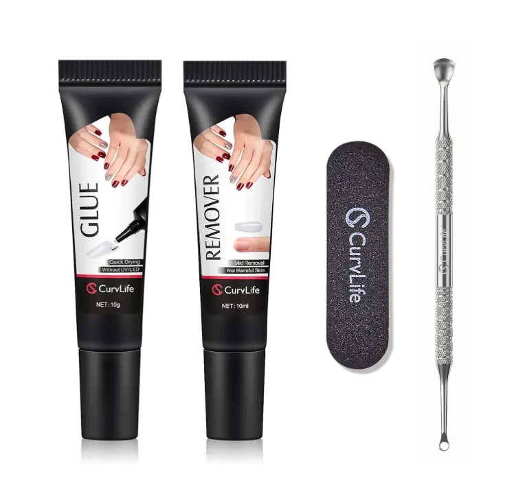 Curvlife Soft Quick Drying 10g Semi Solid Nail Glue with 10ml Remover with Cuticle Pusher Nail Art for Press On Nails Tips No Need for UV Lamp Long Lasting