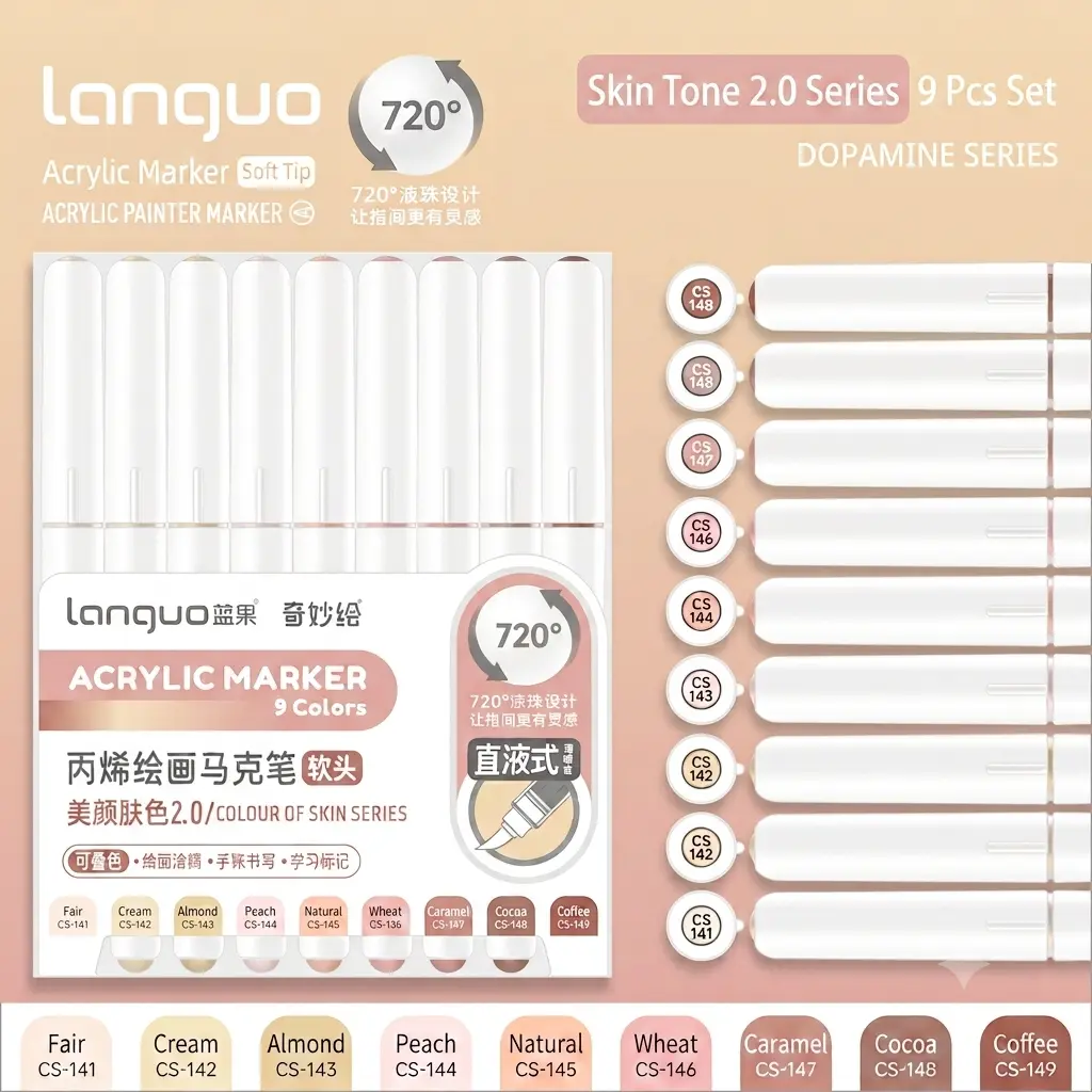 Languo 9pcs Liquid Soft Tip Acrylic Drawing Markers Set, Colored Liquid Drawing & Painting Supplies with Auto Ink Control, Fine Tip, Stackable, Deep Pigmentation, Impermeable Paper Use, Less Prone to Smudging for Colorful Artworks, Art Creation, Multicolo