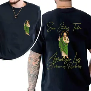 San Judas Tadeo Latino Graphic Tee – Religious 2 Sides Print T-Shirt, Unisex Streetwear Camiseta for Faith & Culture, Classic Summer Verano Short Sleeve Cotton Top