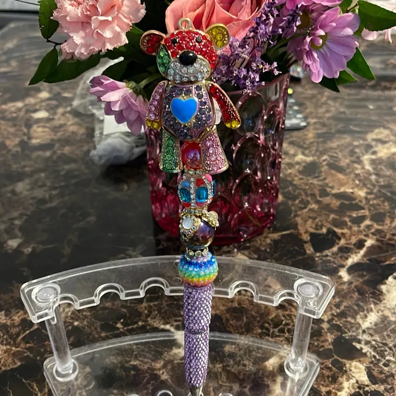 Multicolor Rhinestone Teddy Bear Pen with Beaded Design - Smooth Writing Pen for Unique Office Stationery Supplies, Writing Stationery