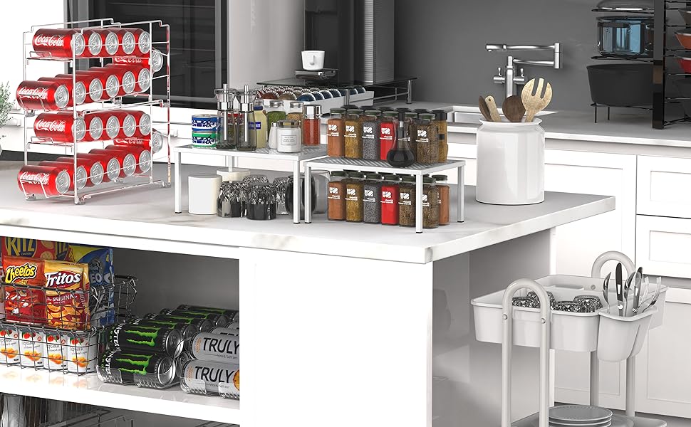 Expandable Stackable Kitchen Counter Shelf Organizer, White, Metal Top, 11.25"L x 7.9"W x 5.4"H