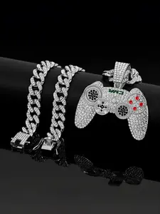 Retro Game Controller Pendant Necklace, Alloy Chain with Zircon Gemstones, Street Style Art Culture Jewelry for Men & Women
