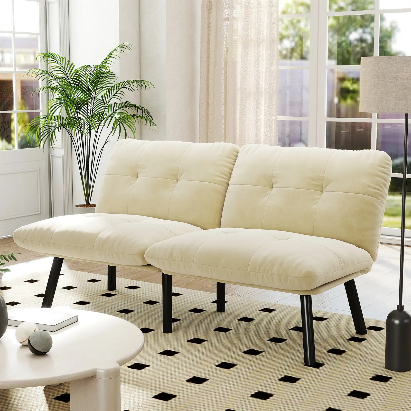 Velvet Fabric Futon Sleeper Sofa Bed, Adjustable Backrest, Thick Cushion Loveseat for Living Room, Lounge (Cream)
