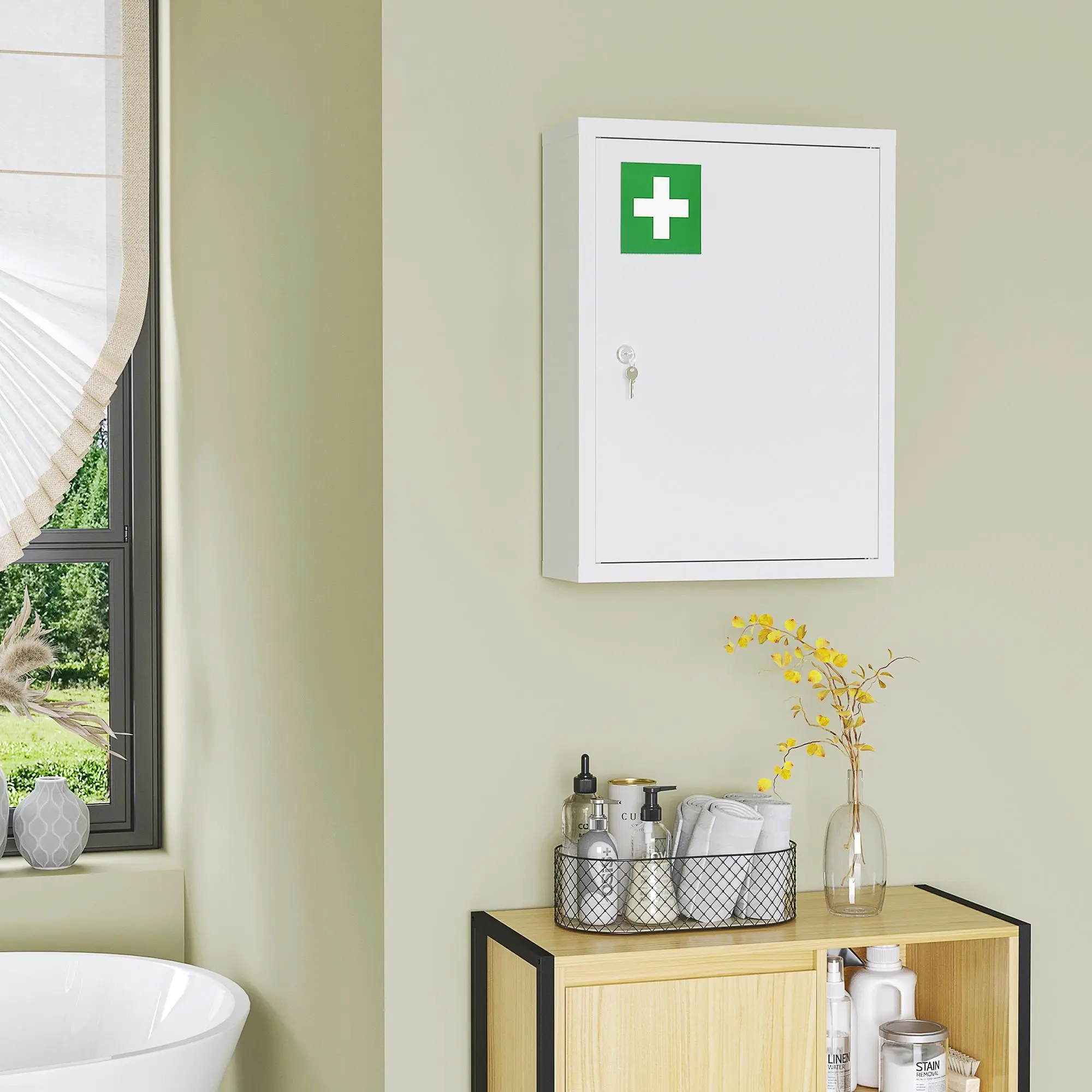 16" x 21" Lockable Medicine Cabinet 3 Tier Steel Medical Wall Box with 2 Keys Shelves for Bathroom White Space-Saving Lockable Design Water-Resistant Painted Surface