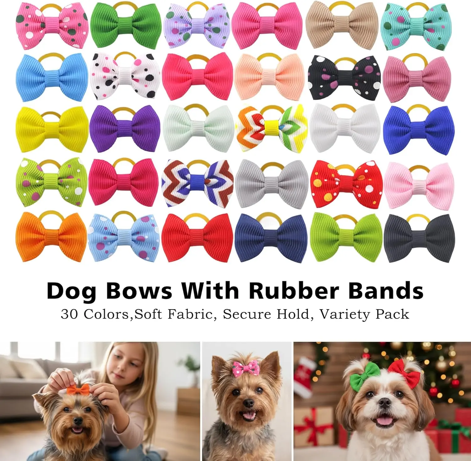 60PCS Puppy Dogs Hair Barrettes Bows with Rubber Bands – Small Dog Grooming Accessories with Rubber Bands, Cute Mini Dog Bowknot Set for Small Dogs, Puppies & Cats, Yorkie Hair Bows for Girls, Pet Grooming Accessories for Daily Use