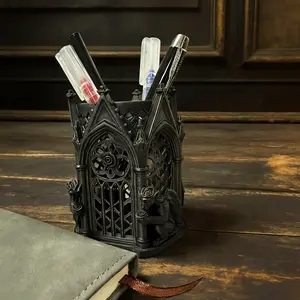 Gothic Pen Holder, 3D Printed Geometric Cut Design, Modern Minimalist Desk Stationery Storage, Creative Office Desk Decor, Multi-Functional Pencil Knife Ruler Organizer, Office Stationery Supplies, Desk Organizers