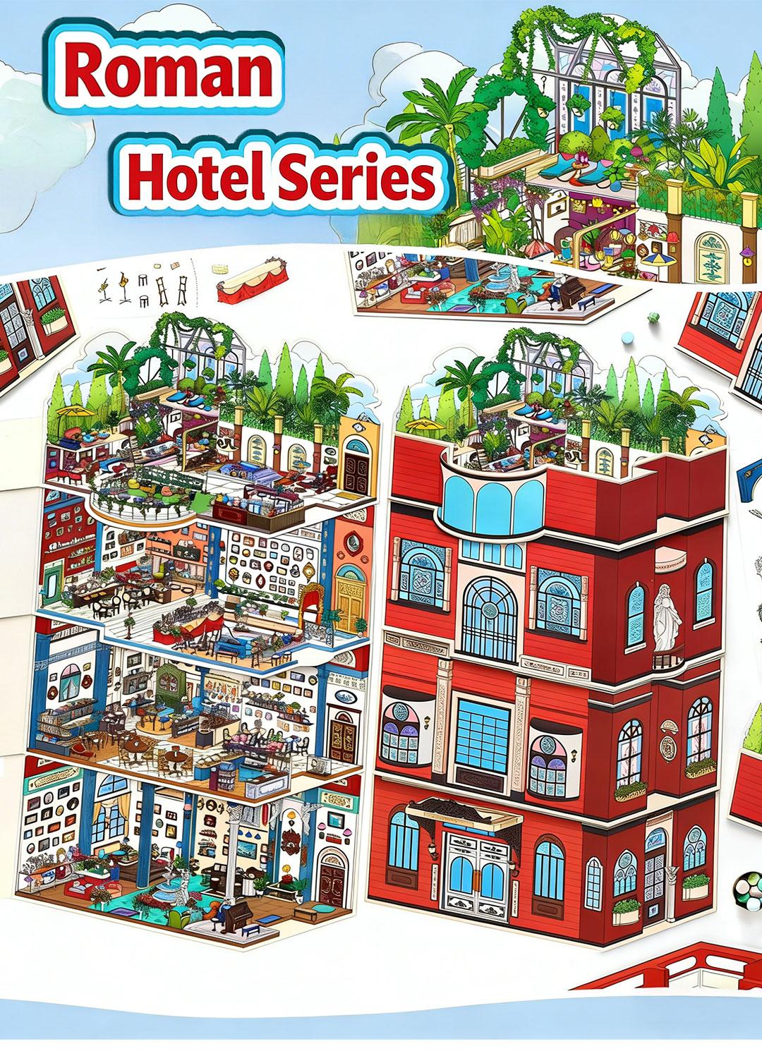 Roman Hotel Series – 3D Foldable Scene Sticker Kit,DIY Buildable Diorama for Room Decor & Display,Vintage Architectural Gift for Craft Lovers & Collectors,PET Sticker Set