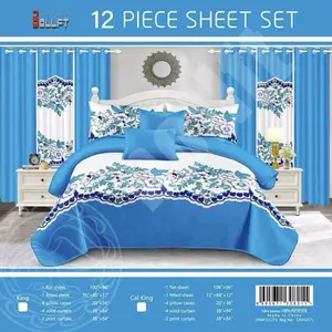 Bedsheets 12 Pieces - King Size with 1 Flat Sheet, 1 Fitted Sheet, 4 Pillow Cases, 2 Print Curtains, 4 Solid Curtains, 38" x 84"