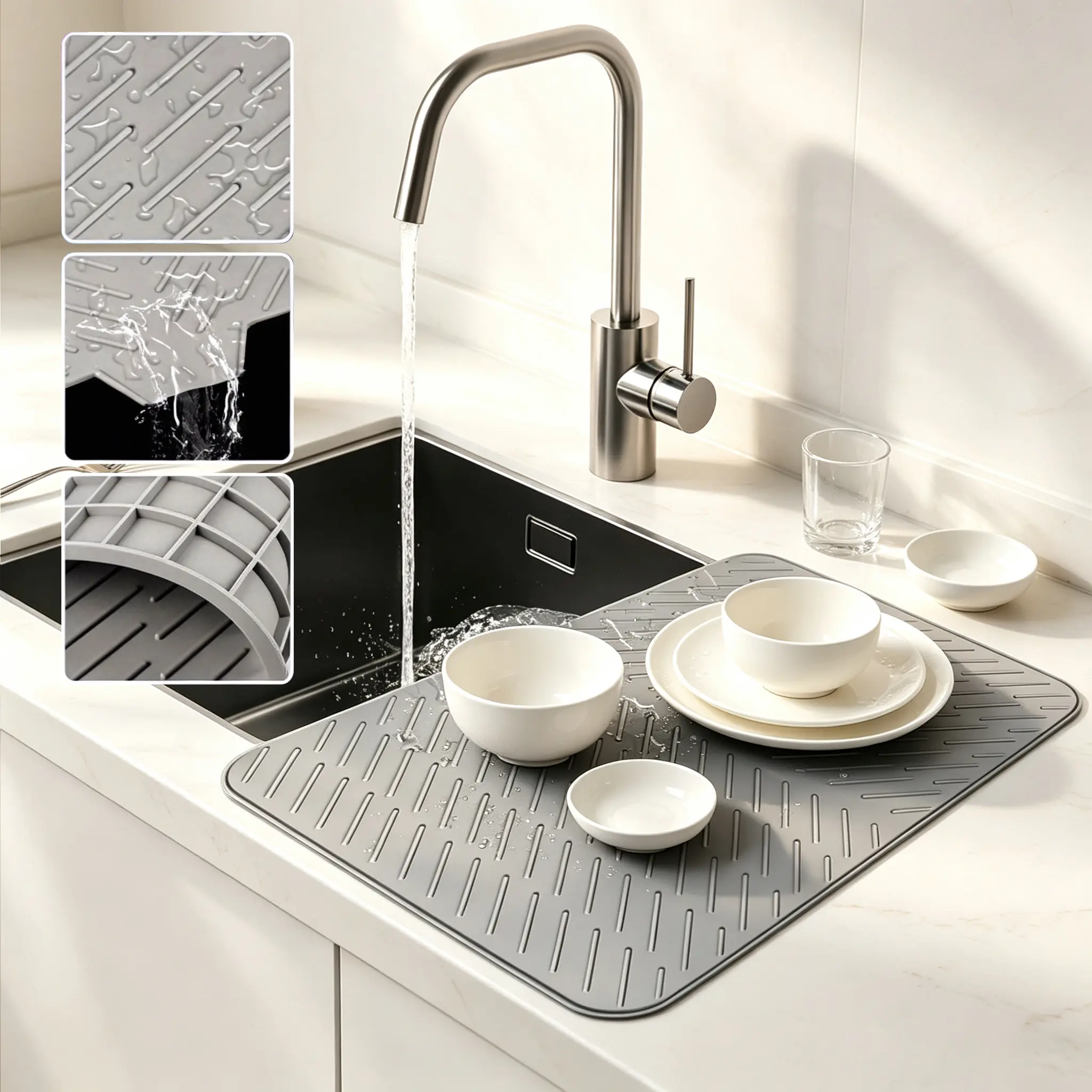 Large Rectangle Silicone Dish Drying Mat with Built-in Drain Lip, Heat Resistant & Easy To Clean Non-Slip Kitchen Drying Pad, Multipurpose Tableware Coaster, Durable Tabletop Kitchenware for Dishes, Pots, Glasses & Countertop Organization "