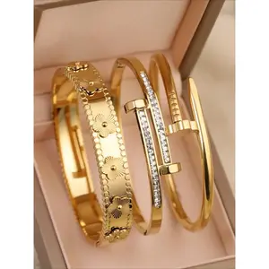 3 Pcs 18K Gold-Plated Stainless Steel High Quality Bracelet, Stackable Bracelets, Luxurious Cubic Zirconia Exquisite Trendy Bracelet, Suitable for Daily Wear and Women's Gatherings, Wedding Jewelry Gifts for Women and Girls