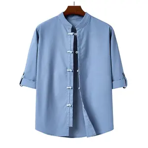 Zaitun Men's Linen Shirt Casual Buttons Down Roll-Up Sleeve Shirt Summer Zen Style T-shirts Kongfu Shirt Karate Shirt