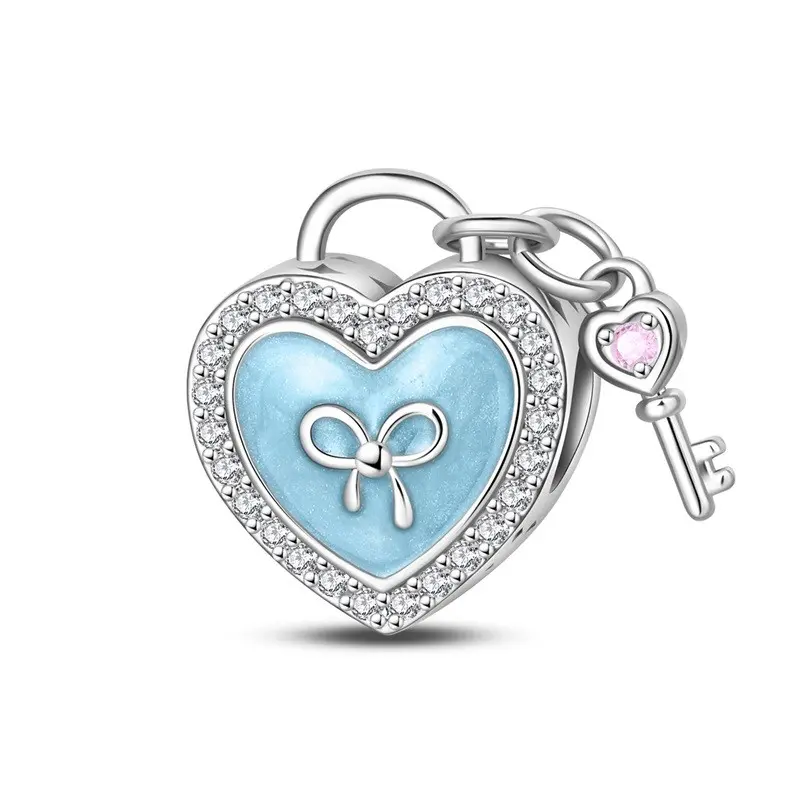 S925 Sterling Silver Blue Romantic Heart Lock Bead Charm For Bracelets DIY
