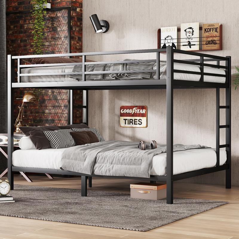 Metal Queen over Queen Bunk Bed for Teens and Adults Solid Construction Electrostatic Powder Coating Under Bed Storage 2 Side Ladders Safety Design 40 Metal Slats Space-Saving Noise Reduced