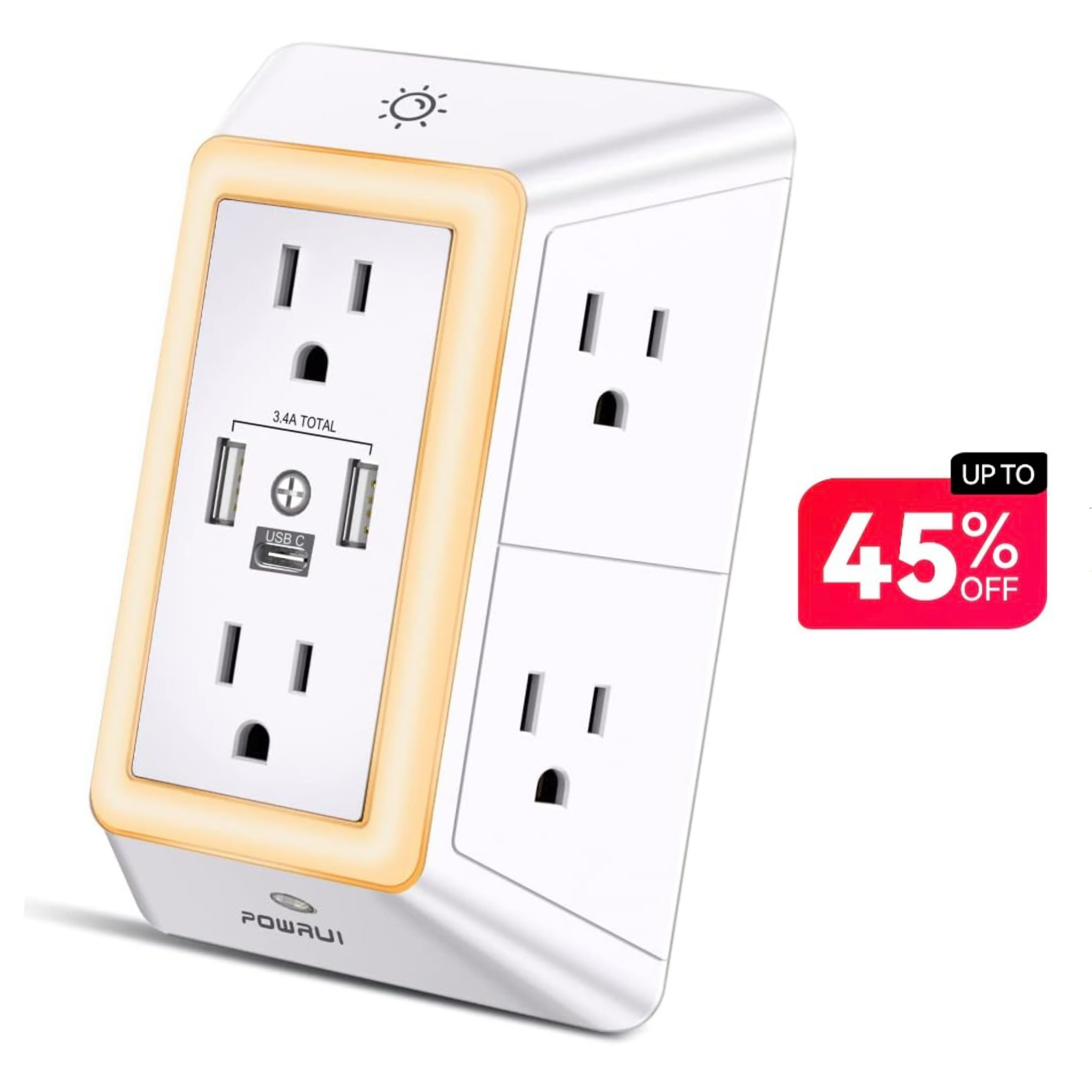 Multi Plug Outlet Surge Protector - POWRUI 6 Outlet Extender with 3 USB Ports (1 USB C) and Night Light, 3-Sided Power S