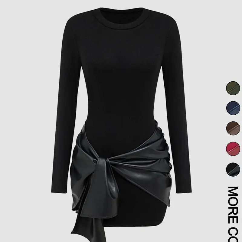 【Black Friday】Women's Patchwork Knotted Side Ruched Long-Sleeved Mini Dress, Basic Casual Wear Date Night Dresses