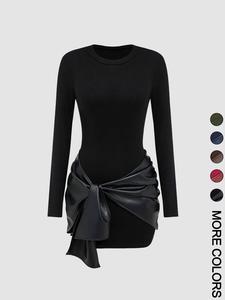 women's patchwork knot side dress, casual fashion long sleeve dress for daily wear, ladies clothes for all seasons, longsleeves