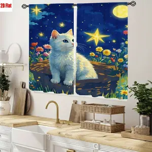 2D Flat 2Pcs Adorable Cat with Starry Night Sky and Flowers Pattern, Whimsical Room Decor, Vivid Digital Printing, Fantasy Artistic Style, All-Season Curtains for Home Bedroom Living Study Cabinet Decoration