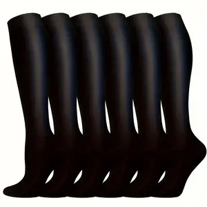 6 Pairs of Black Compression Socks - High-Performance, Polyester for Running, Cycling, and Flight Support - All-Season, Solid Color, Hand Wash Only, Sports Socks|Compression Fit|Stretchy Material