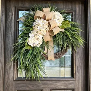 Champagne Hydrangea Willow Leaf Front Door Wreath, Burlap Butterfly Knot Vintage Wicker Wreath, Farmhouse Style Artificial Flower Decor, Decoration