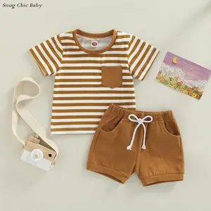 Cute and stylish two-piece summer outfit for toddler boys - striped short-sleeved crew neck T-shirt + elastic waist drawstring shorts, soft and casual wear, suitable for ages 0-3.
