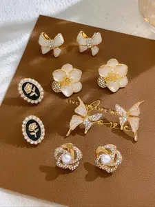 Women's Elegant Rhinestone Decorated Flower & Bow Design Earrings Set, Exquisite Trendy Flower Stud Earrings, Fashionable Jewelry for Women for Daily & Party Decoration Dainty Gift for Your Love