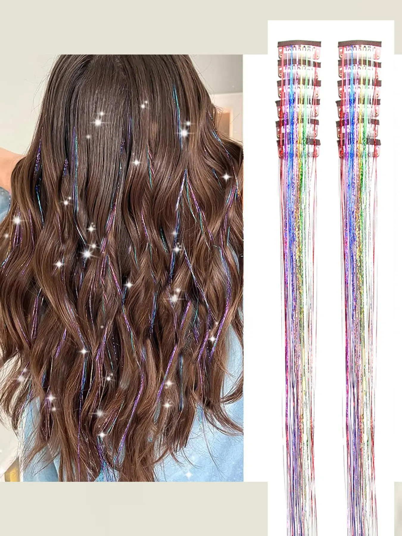 Hair Tinsel Pack of 12 Pcs, Colorful Glitter Hair Accessories, 20 Inch Clip-In Synthetic Hair Piece Hair Tinsel Extensions, Fairy Hair Accessories, Party Kit for Women & Girls, Synthetic Clip Hairpiece