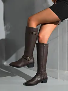 Women's Mid-Calf PU Leather Boots, Vintage Pointed Toe Thick Heel Short Boots, Side Zipper Knight Boots, Western Boots for Fall & Winter