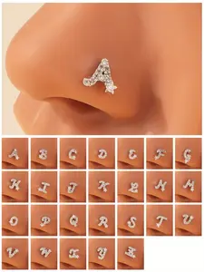 A Trendy And Stylish Nose Stud With All 26 English Letters Inlaid With Cubic Zirconia On A Copper Rod, Exuding Charm And Individuality, Body Jewelry