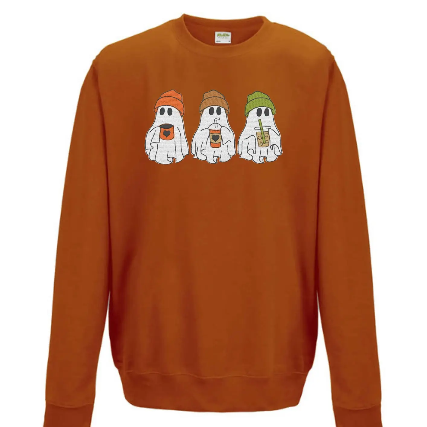 Burnt Orange Coffee Ghosts Sweatshirt - Loose Fit Crew Neck Long Sleeve Medium-weight Cotton - Clothing, Casual