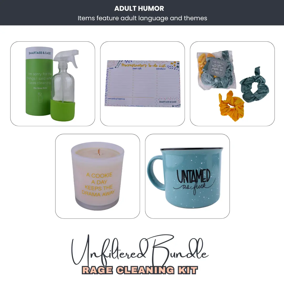 Rage Cleaning Kit - Glass Spray Bottle, Notepad, Scrunchies, Candle & Coffee Mug.