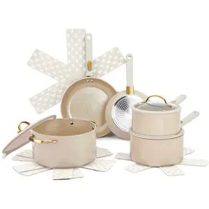Thyme & Table 12-Piece Ceramic Non-Stick Granite Collection Cookware Set, Non-Toxic Pots and Pans Set - Taupe & Gold