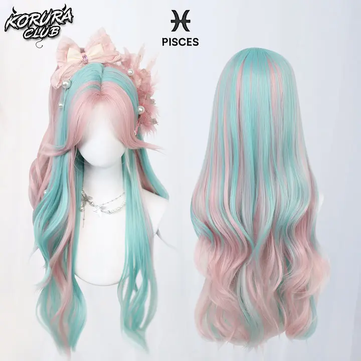 KORURACLUB #035 Pisces Zodiac Women's Synthetic Costume Wig, Long Wavy 2-Tone Pastel Pink-Mint Green with Face-Framing Layers, Kawaii Anime Mermaid Cosplay for Halloween, Roleplay Accessories