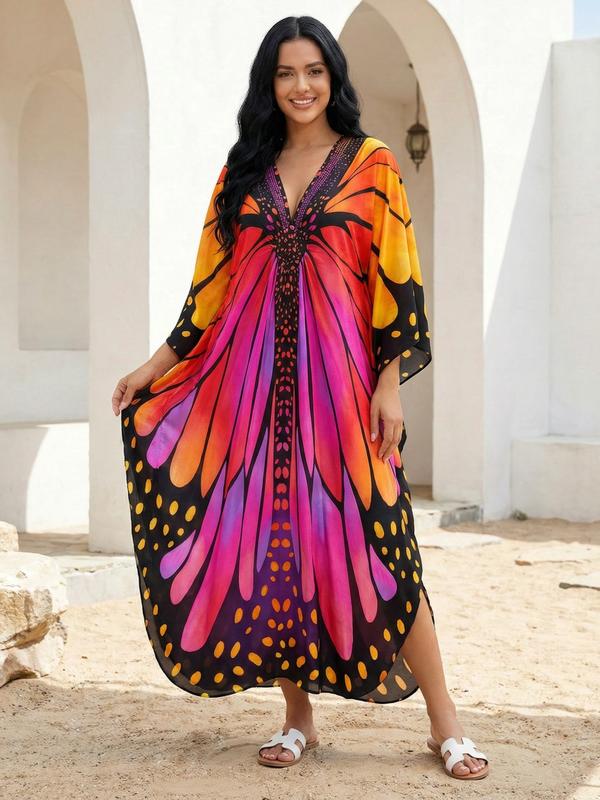 EDOLYNSA kaftans for woman Moo Moo Dress printing beach dress comfy muumuu caftan Batwing Sleeve relaxed robe bathing suit cover up holiday outfits Q1869