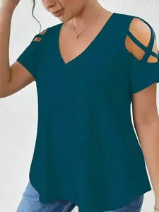 Plus Size Women's Shoulder Cut Out V Neck T-Shirt, Loose Fit Short Sleeve Top, Summer Fashion Casual Slimming Blouse, European Style Womenswear New Arrival