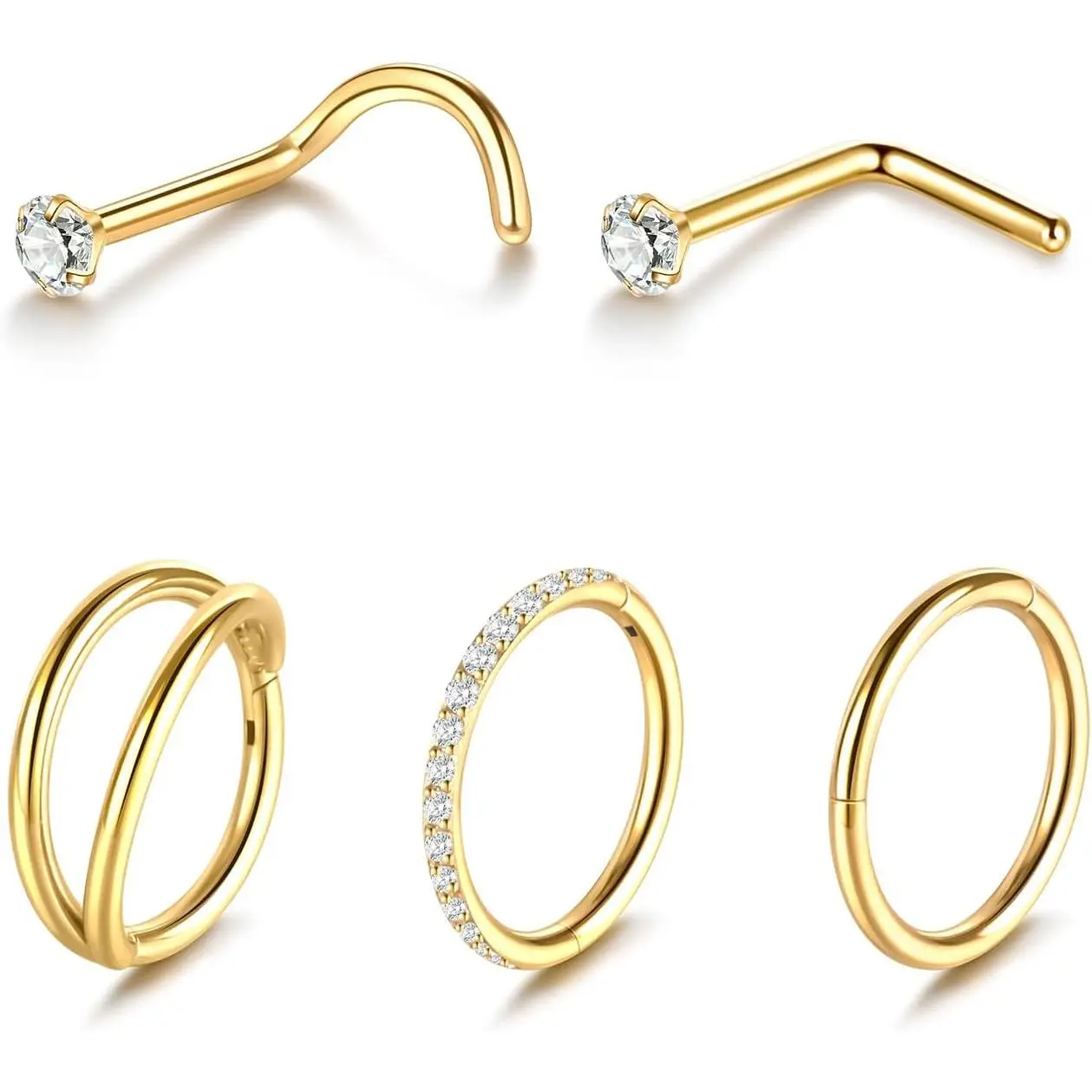 5 count Hoop Nose Rings and L Shaped Nose Rings Stud Set 18G/20G Stainless Steel CZ Helix Conch Daith Tragus Cartilage Hoop Earrings for Women 6mm 7mm 8mm 10mm