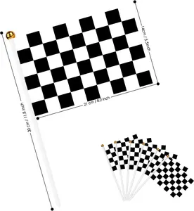 AhfuLife Checkered Stick Flags 21 x 14cm for Racing Car Decorations, 15Pcs Black and White Stick Flags Double Side with 30cm White Pole for Racing Party Car Garden Street Decorations