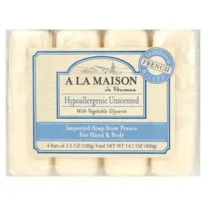 A La Maison de Provence Hand & Body Bar Soap, Hypoallergenic Unscented, 4 Bars, 3.5 oz (100 g) Each