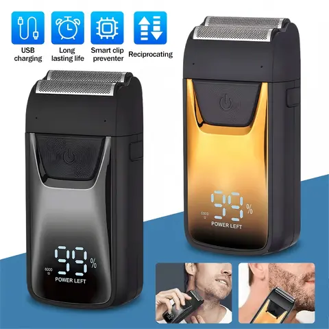 Men's Cordless Electric Foil Reciprocating Shaver - 2 Floating Blades, 2-mm Hair Compatibility, 3 Adjustable Gears, LED Display, IPX Waterproof, Removable Blade Head, Brush, USB-C Cable, ABS, Box, Portable Daily Care Dry Shaving Grooming Tool for Gifting