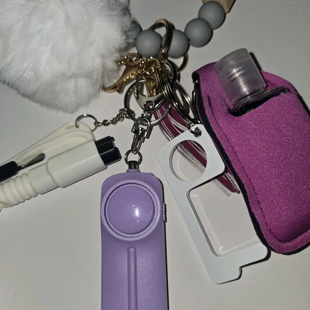 Purple & White Silicone Keychain with Safety Alarm 3-in-1 Car Tool Hand Sanitizer Holder Whistle & Door Pull for Drivers & Passengers