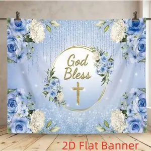 1PC,2D Flat Customize Backdrop Blue Floral God Bless Decorative Backdrop, Religious Festival Baptism Party Decoration Background, Backdrop with Cross & Floral Pattern, Festival Celebration Event Decor