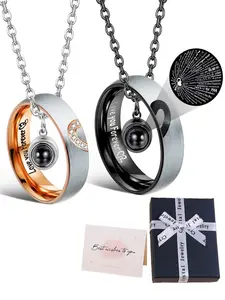 Couple Projection Necklaces Gift Jewelry 100 Languages I Love You Pendant Set Matching Promise Rings with Love You Forever Inner Engraving Stainless Steel Hypoallergenic Gift for Him and Her