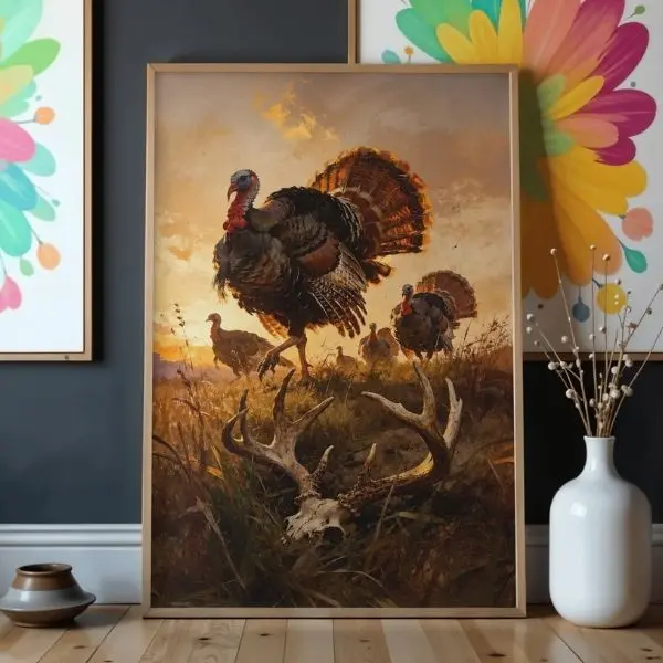 Wild Turkey at Sunrise Wall Art, Rustic Turkey Hunting Print, Field & Deer Antler Landscape Poster, Wildlife Cabin Decor