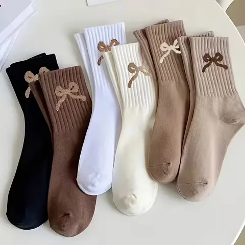 Women's Synthetic Mid-Calf Socks - 6-Pair Set with Jacquard Bow, Novelty Style, Suitable for Sports & Casual Wear, Novelty Style Mid-Calf Socks